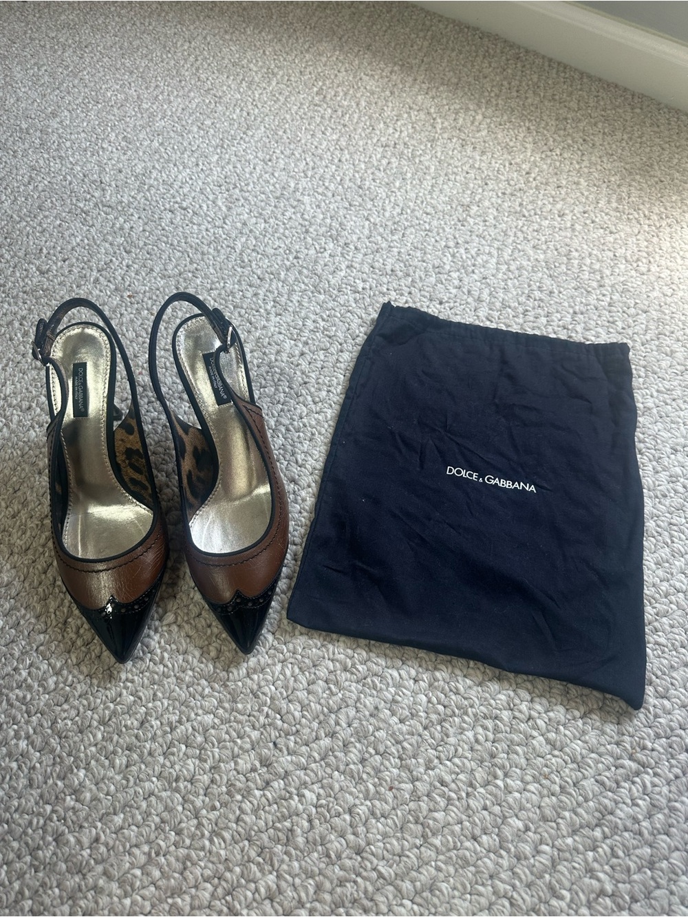 Dolce & Gabbana Brown and Black Pointed Slingback Cracle Pumps with Bag